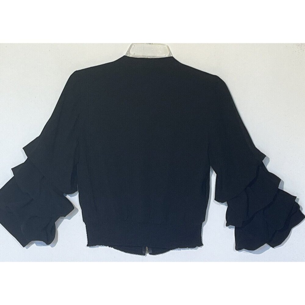 New Gracia Black Ruffle Sleeve V-Neck Zip Blouse Top - Picture 9 of 15